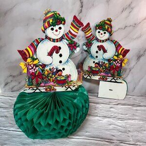 Vintage Old New Stock Snowman Christmas Honeycomb Decoration Set of 2